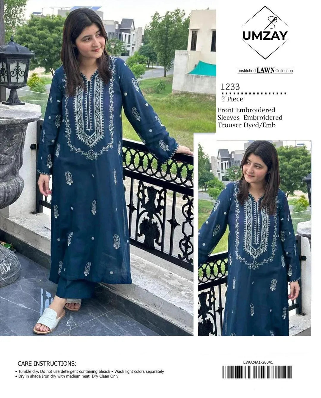 Blue Embroidered Lawn 2Pcs Women Suit