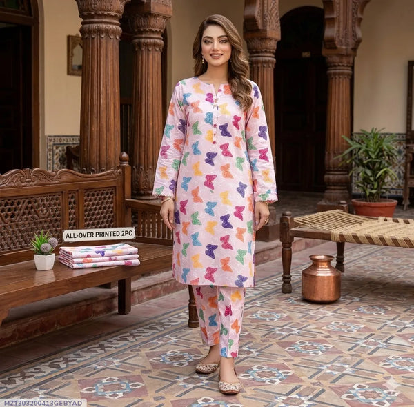 Pakistani Printed 2Pcs Polo Cotton Kurta Set Pink