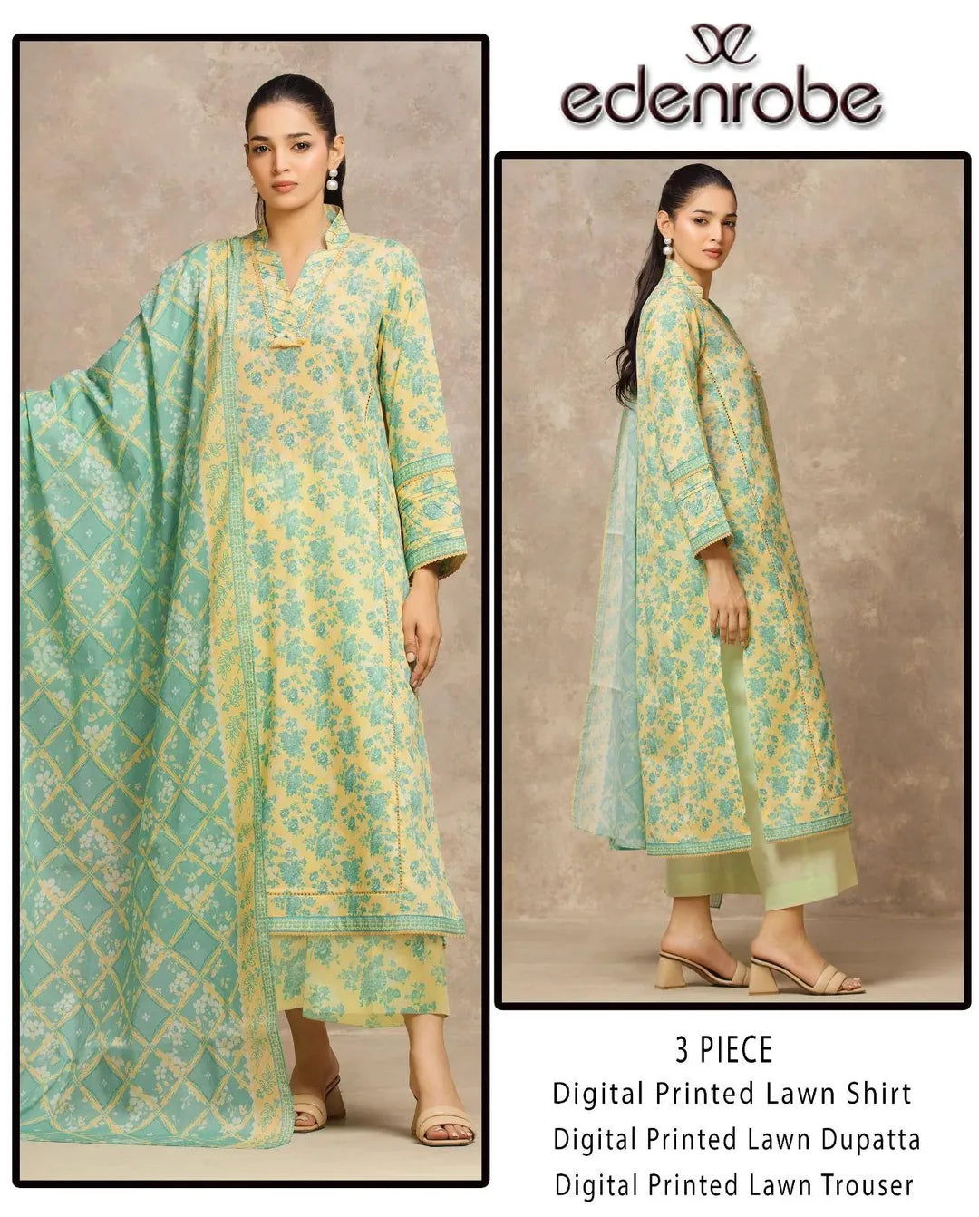 Edenrobe 3 Piece Digital Printed Lawn Suit Yellow