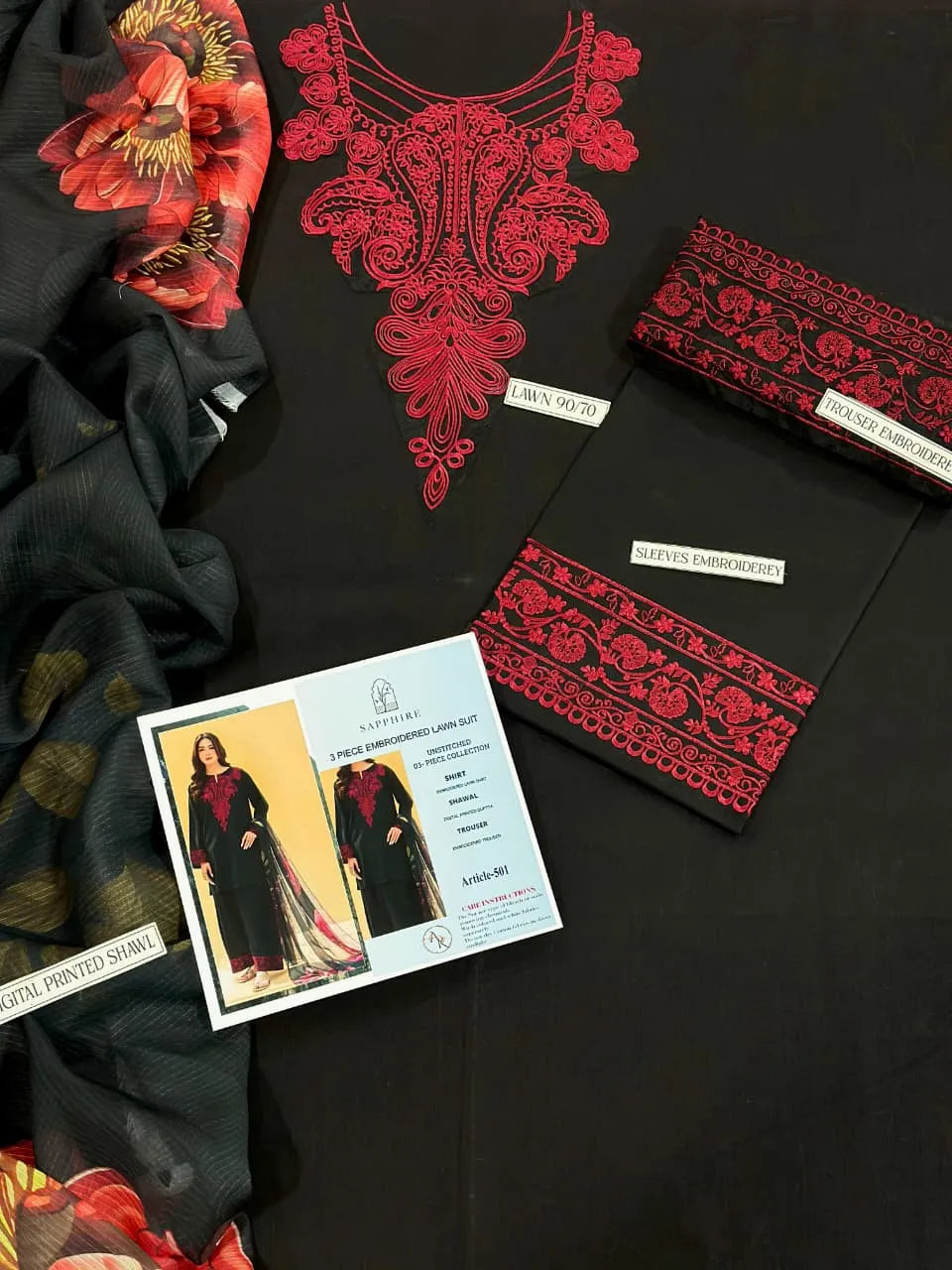 Black Embroidered Lawn 3Pcs Set for Women