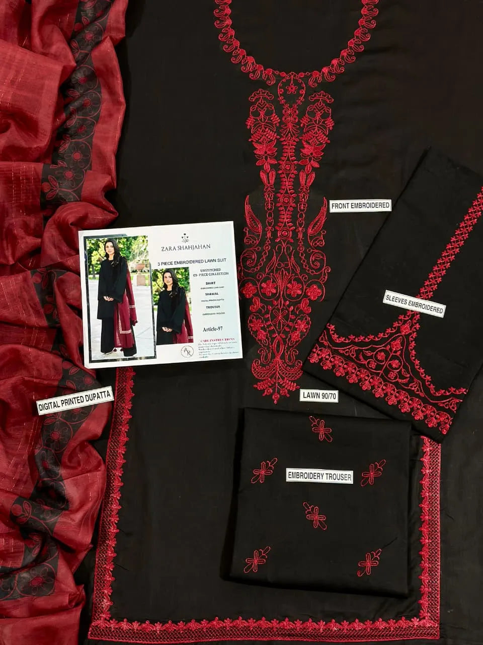 Black Embroidered Lawn 3Pcs Set for Women