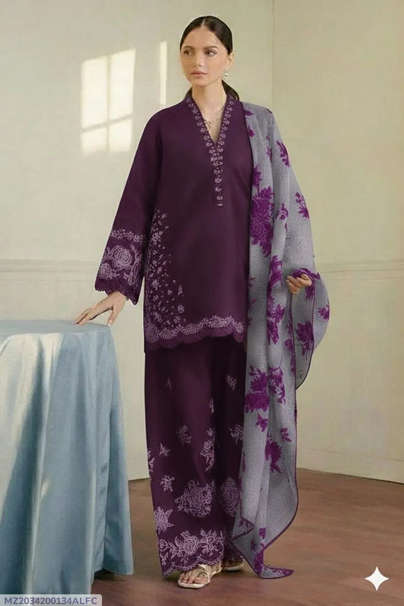 Purple Embroidered Lawn 3Pcs Set with Digital Print Dupatta