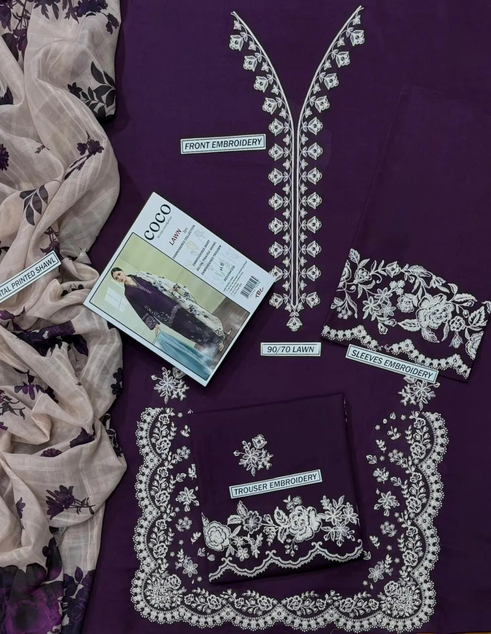 Purple Embroidered Lawn 3Pcs Set with Digital Print Dupatta