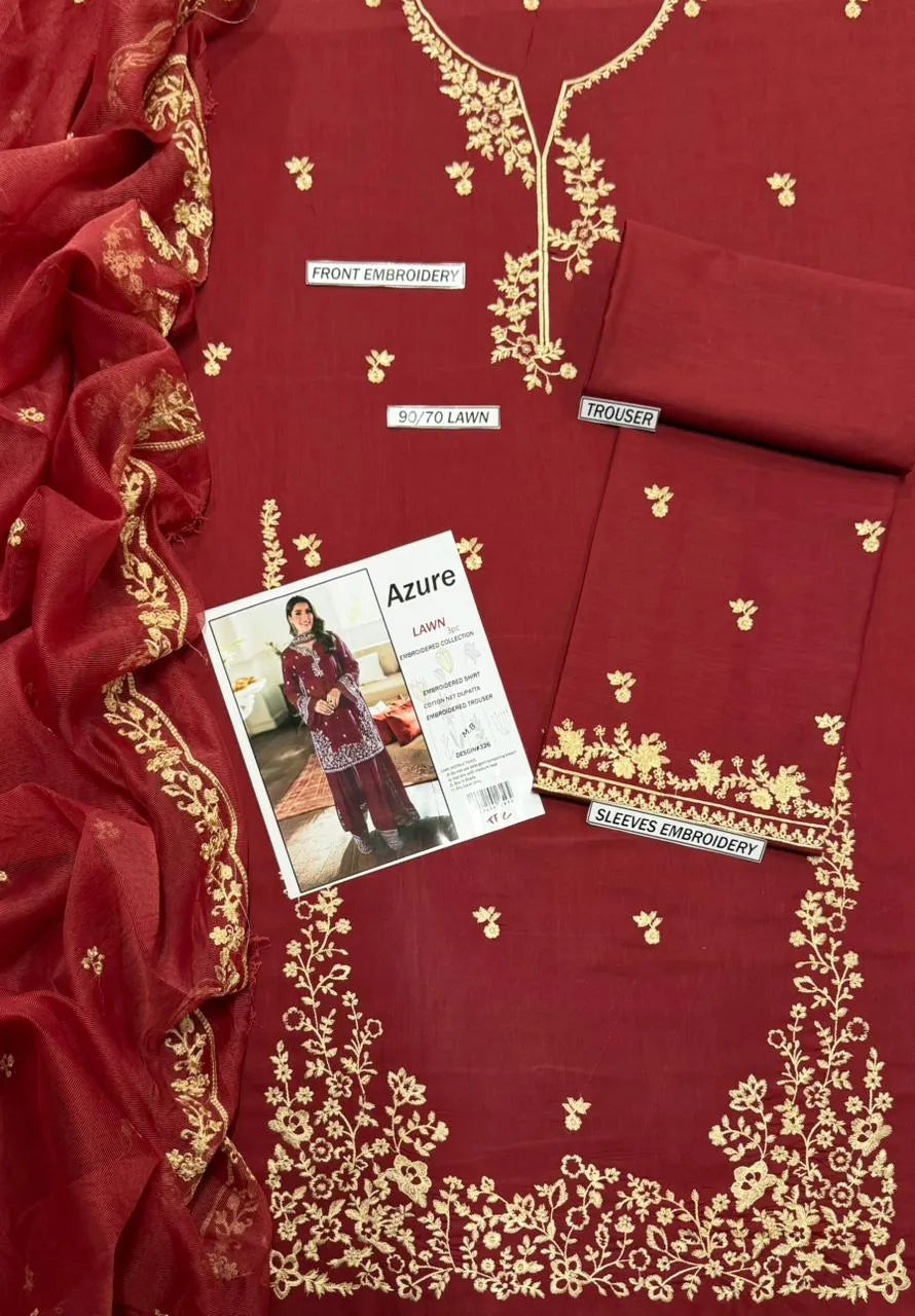 Red Embroidered Lawn 3Pcs Set for Women