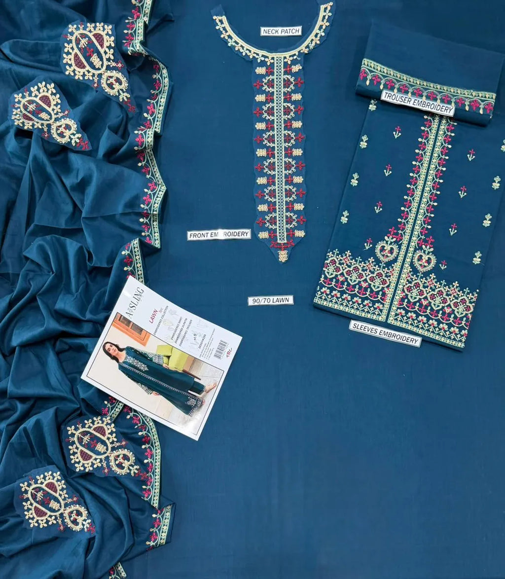 Blue Embroidered Lawn 3Pcs Set for Women