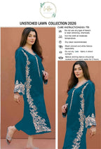 Unstitched Lawn Suit Blue Gold Embroidery for Bakra Eid