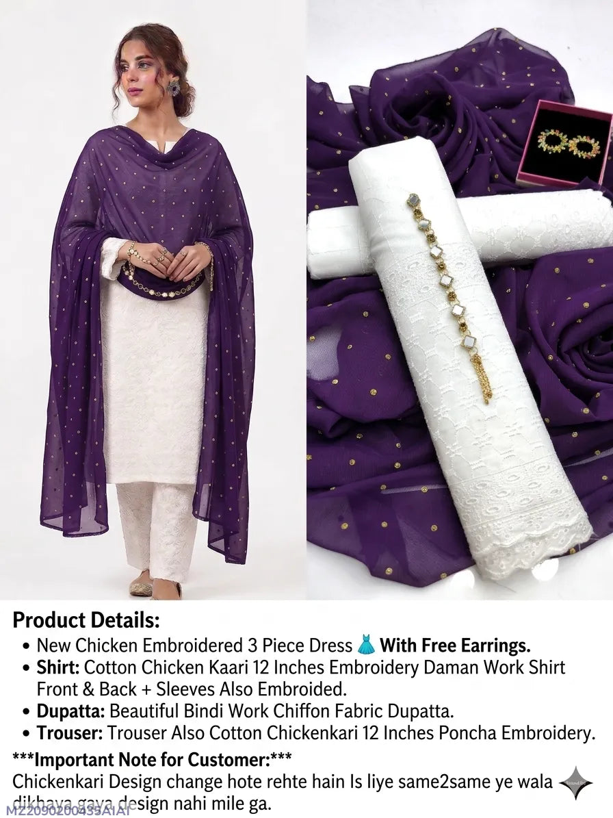 Chicken Embroidered 3 Piece Dress With Free Earings