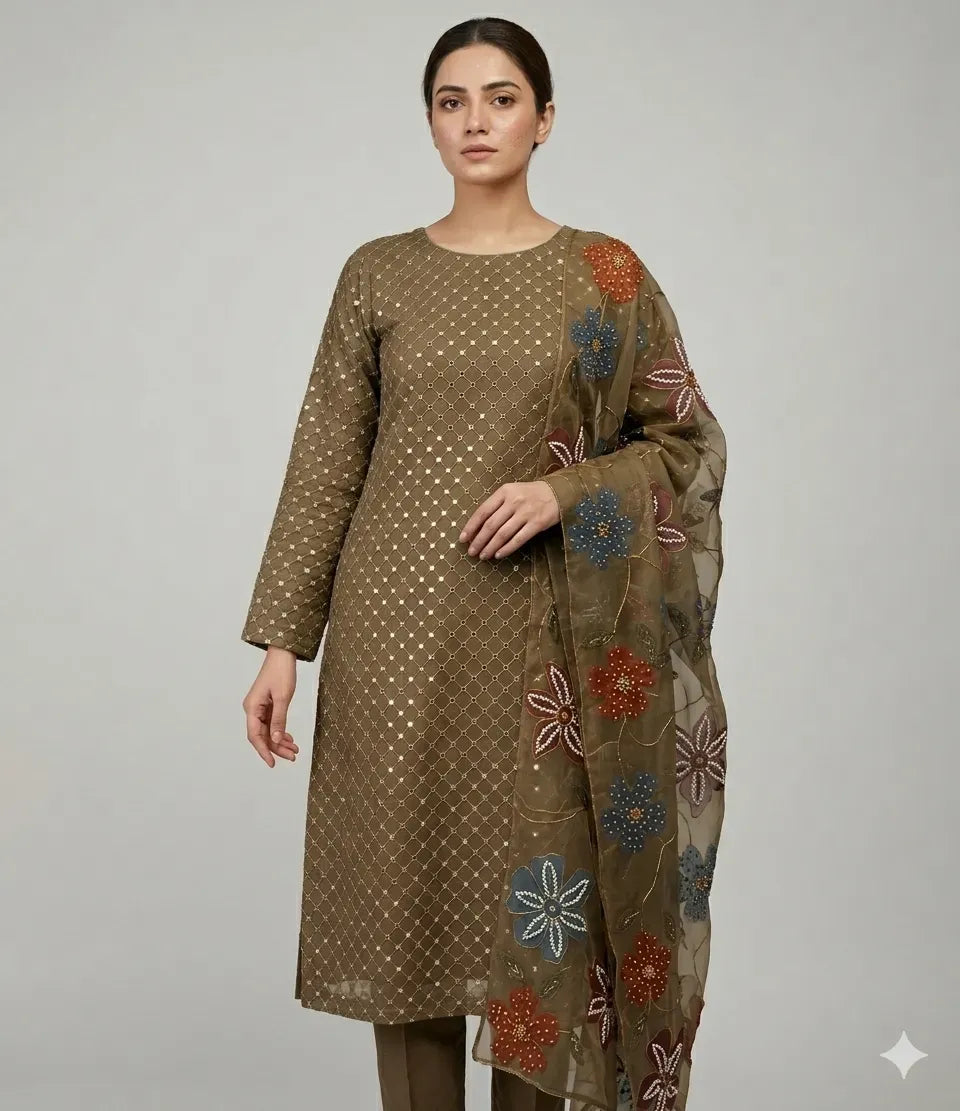 Soft Organza Pani Sheesha Work Suit with Dupatta