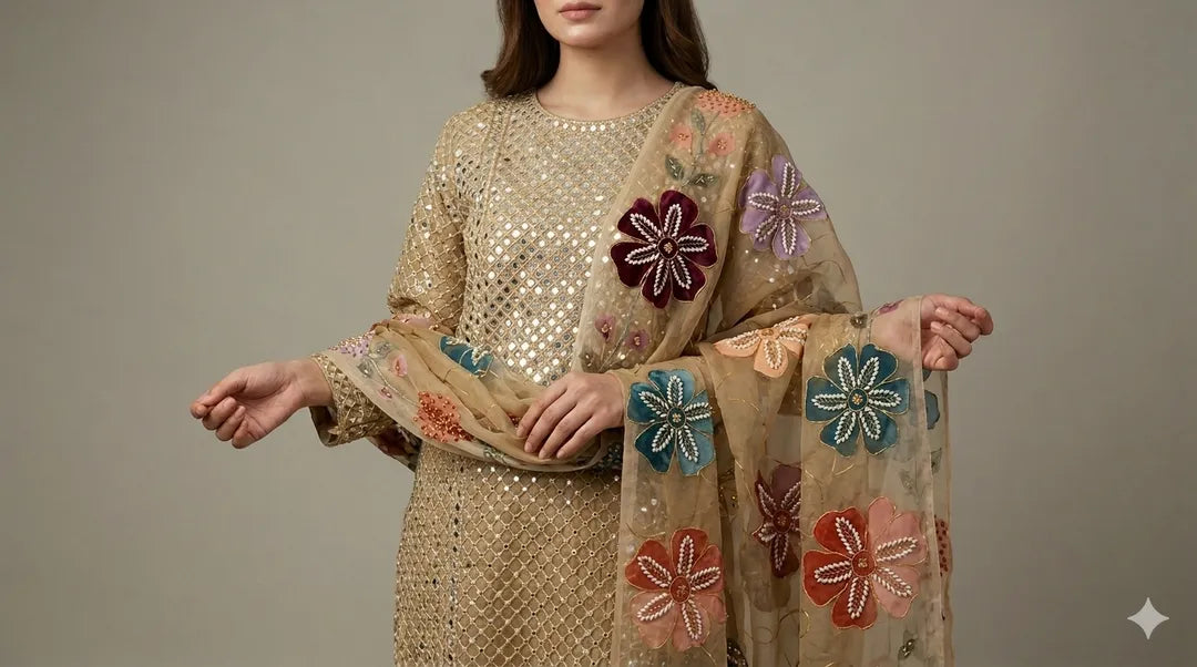 Organza Pani Sheesha Work Suit with Dupatta