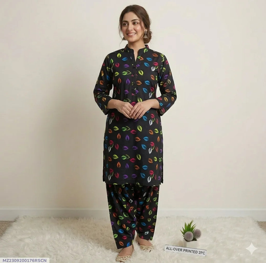 Pakistani Printed Kurta Pajama Set Black 2 Pcs