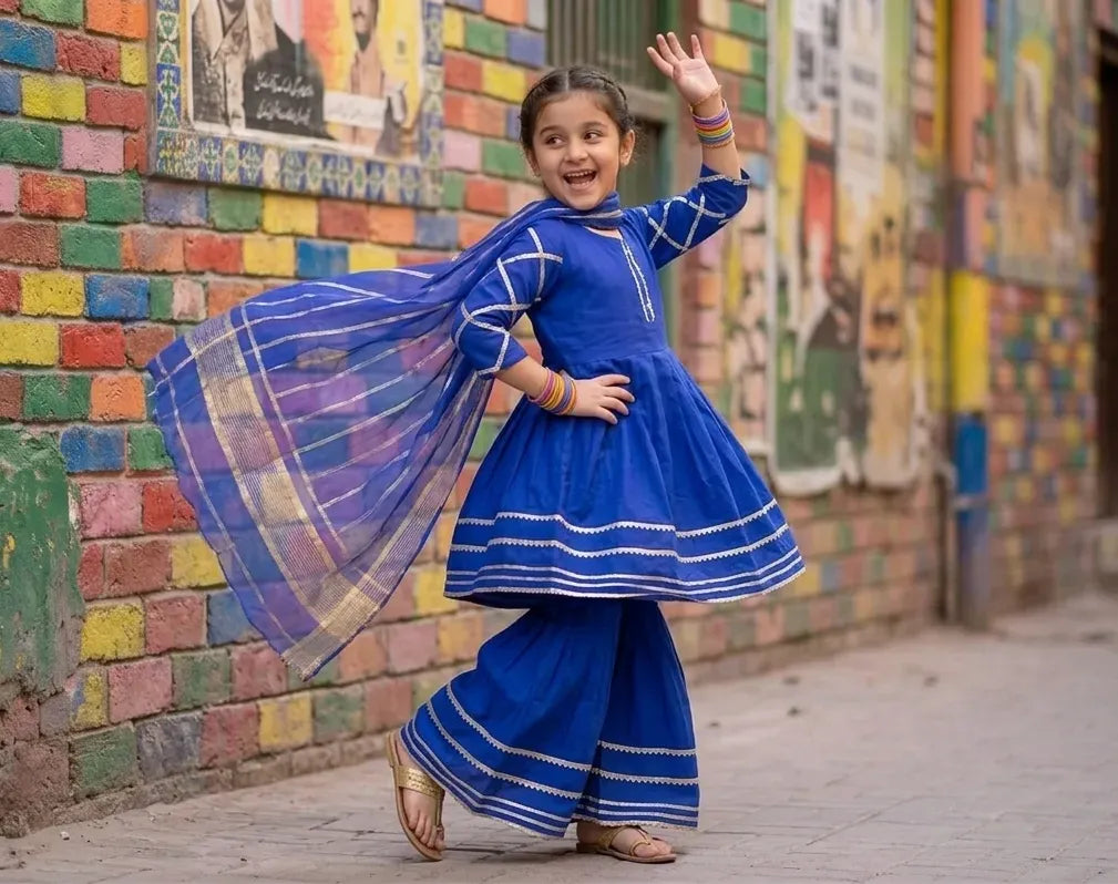 Blue Embroidered Girl's 3-Piece Lawn Kurta Set