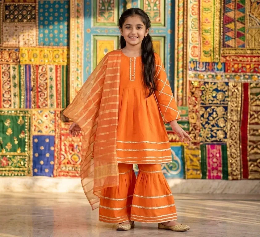 Orange Embroidered Girl's 3-Piece Lawn Kurta Set