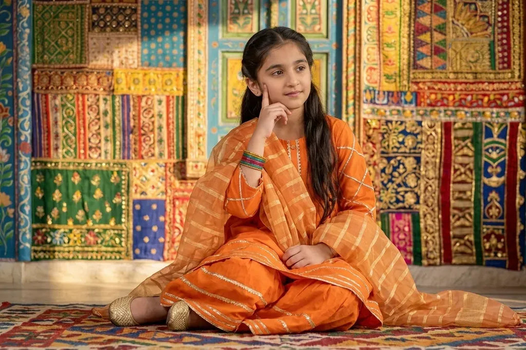 Orange Embroidered Girl's 3-Piece Lawn Kurta Set