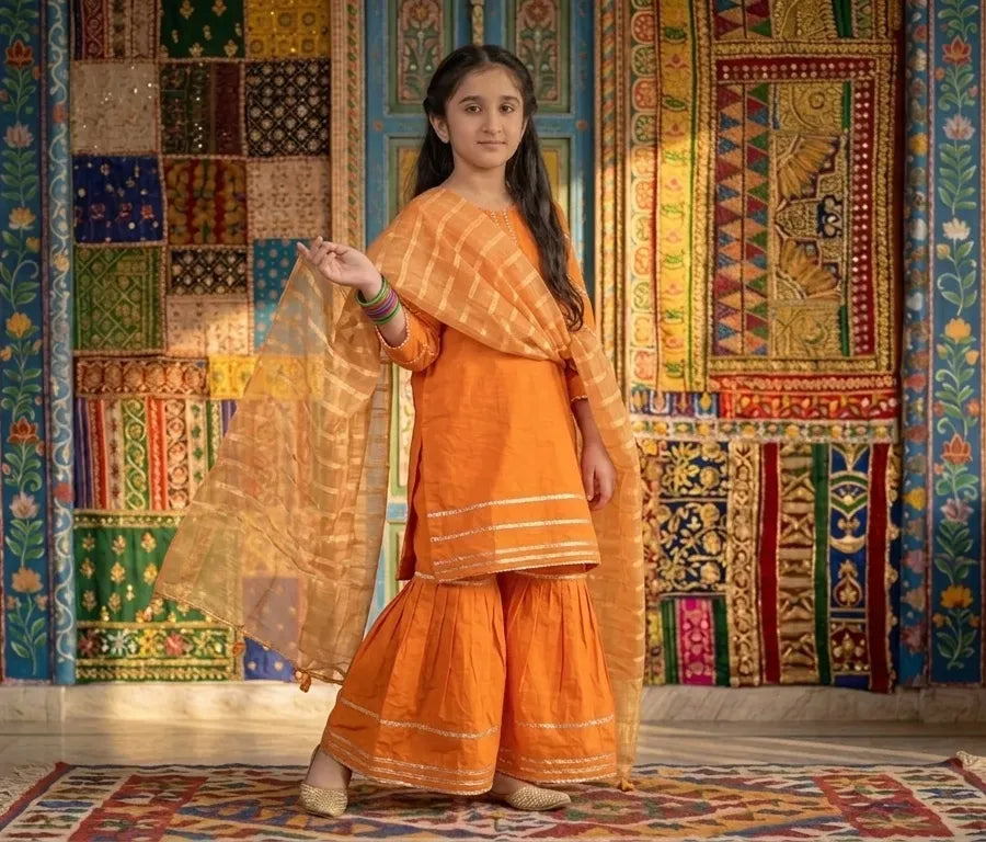 Orange Embroidered Girl's 3-Piece Lawn Kurta Set