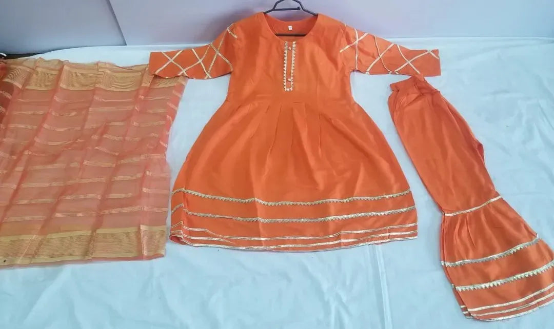 Orange Embroidered Girl's 3-Piece Lawn Kurta Set