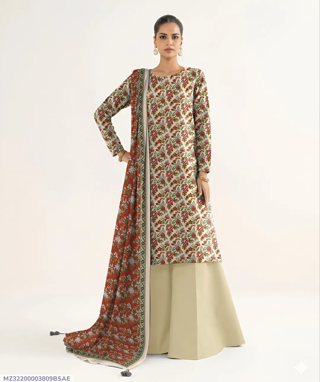Off White Printed Dobby Lawn 3 Pcs Suit
