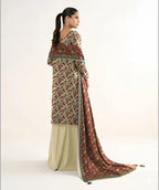 Off White Printed Dobby Lawn 3 Pcs Suit
