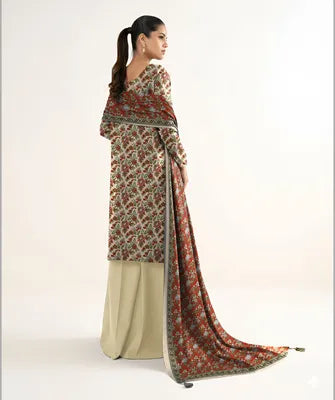 Off White Printed Dobby Lawn 3 Pcs Suit