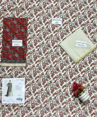 Off White Printed Dobby Lawn 3 Pcs Suit