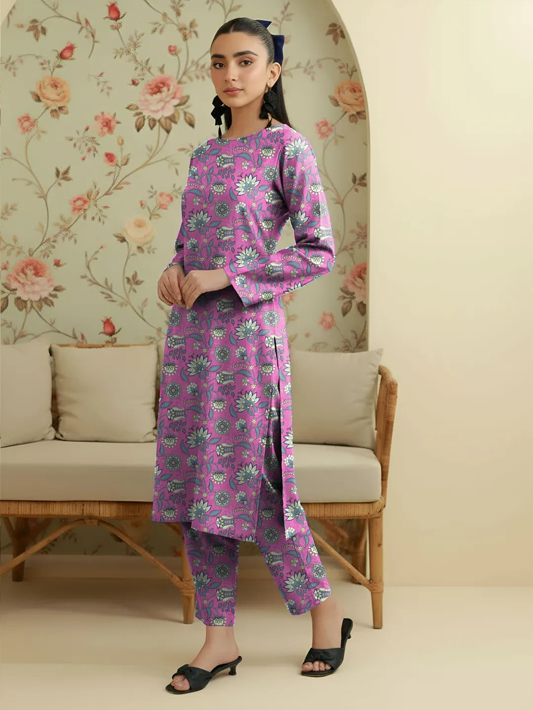 Pink Printed Dobby Lawn 2Pcs Shirt Trouser Set