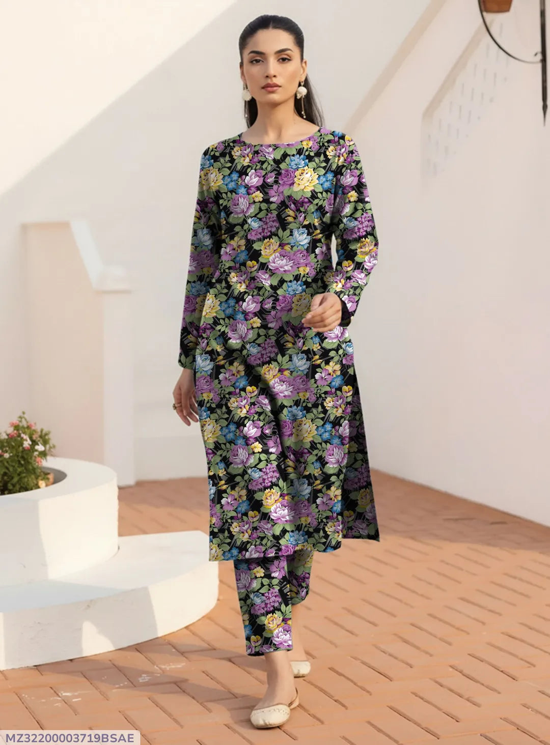 Printed Dobby Lawn 3Pcs Shirt Trouser Set Black