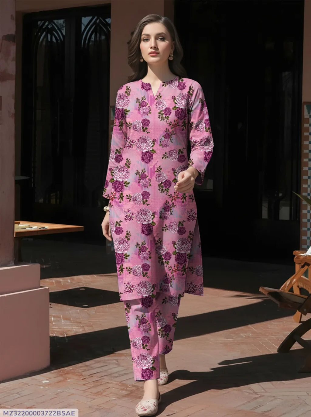 Pink Printed 3-Piece Dobby Lawn Suit for Women