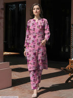 Pink Printed 3-Piece Dobby Lawn Suit for Women