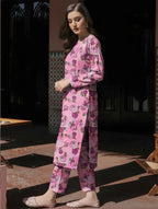 Pink Printed 3-Piece Dobby Lawn Suit for Women