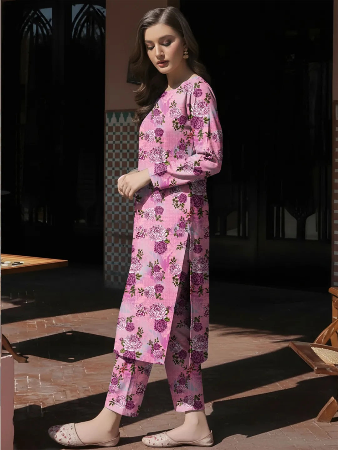Pink Printed 3-Piece Dobby Lawn Suit for Women