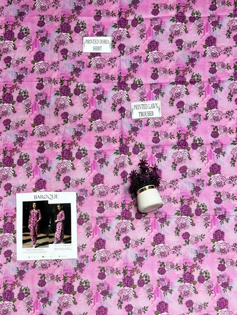 Pink Printed 3-Piece Dobby Lawn Suit for Women