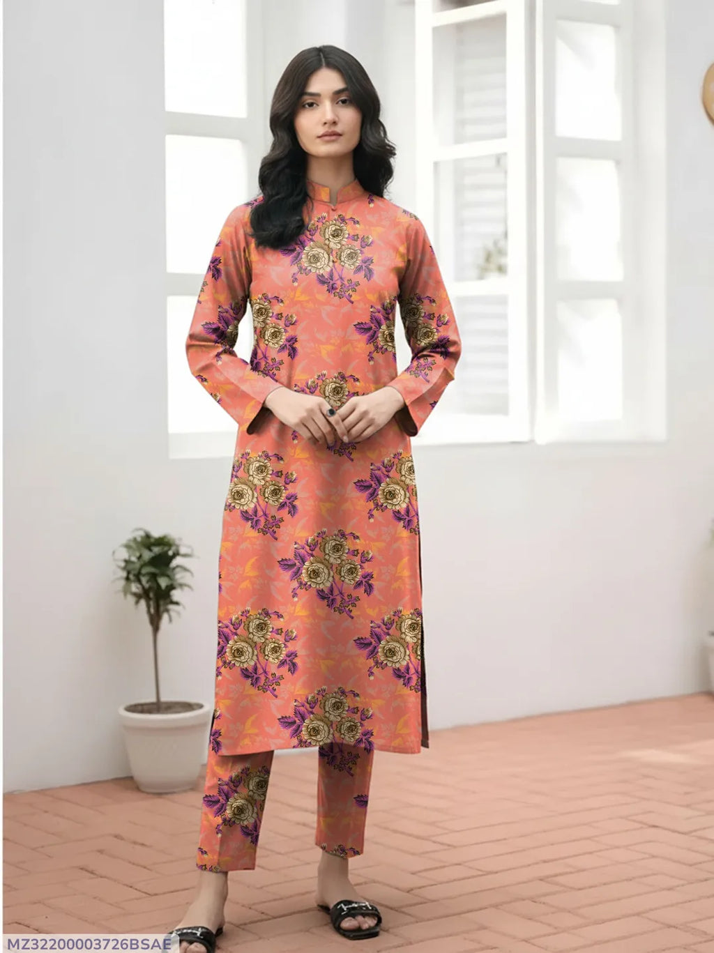 Peach Printed Dobby Lawn 2Pcs Shirt Trouser Set