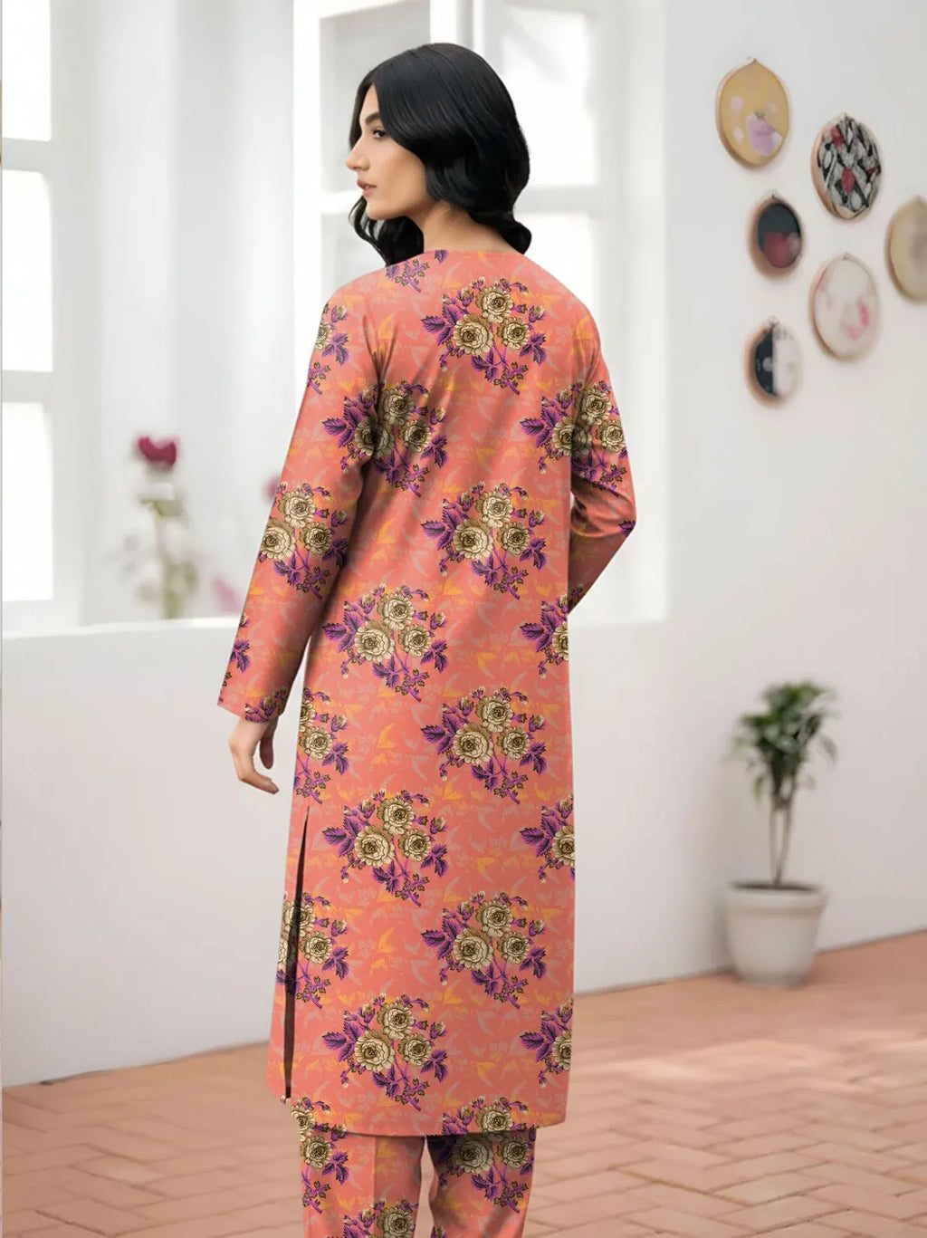 Peach Printed Dobby Lawn 2Pcs Shirt Trouser Set