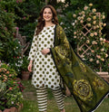 3 piece lawn suit Polka Dots Printed Army Green
