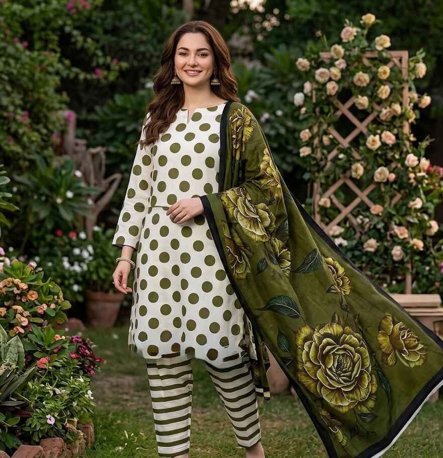 3 piece lawn suit Polka Dots Printed Army Green