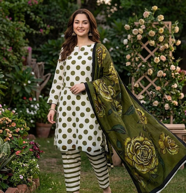 3 piece lawn suit Polka Dots Printed Army Green
