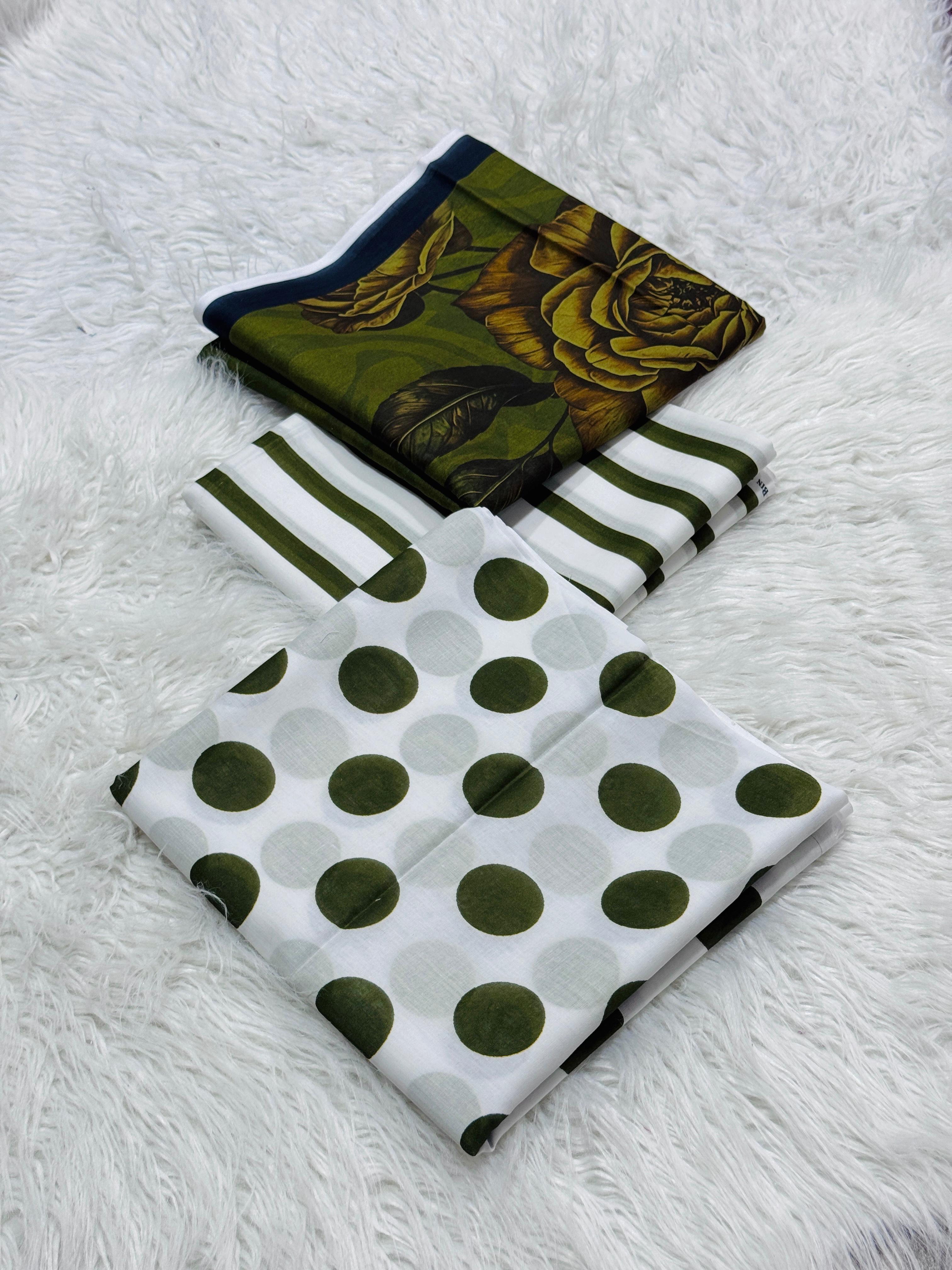 3 piece lawn suit Polka Dots Printed Army Green