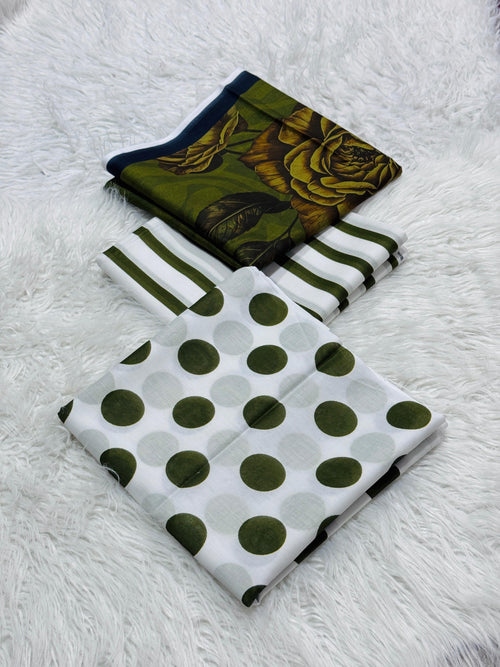 3 piece lawn suit Polka Dots Printed Army Green