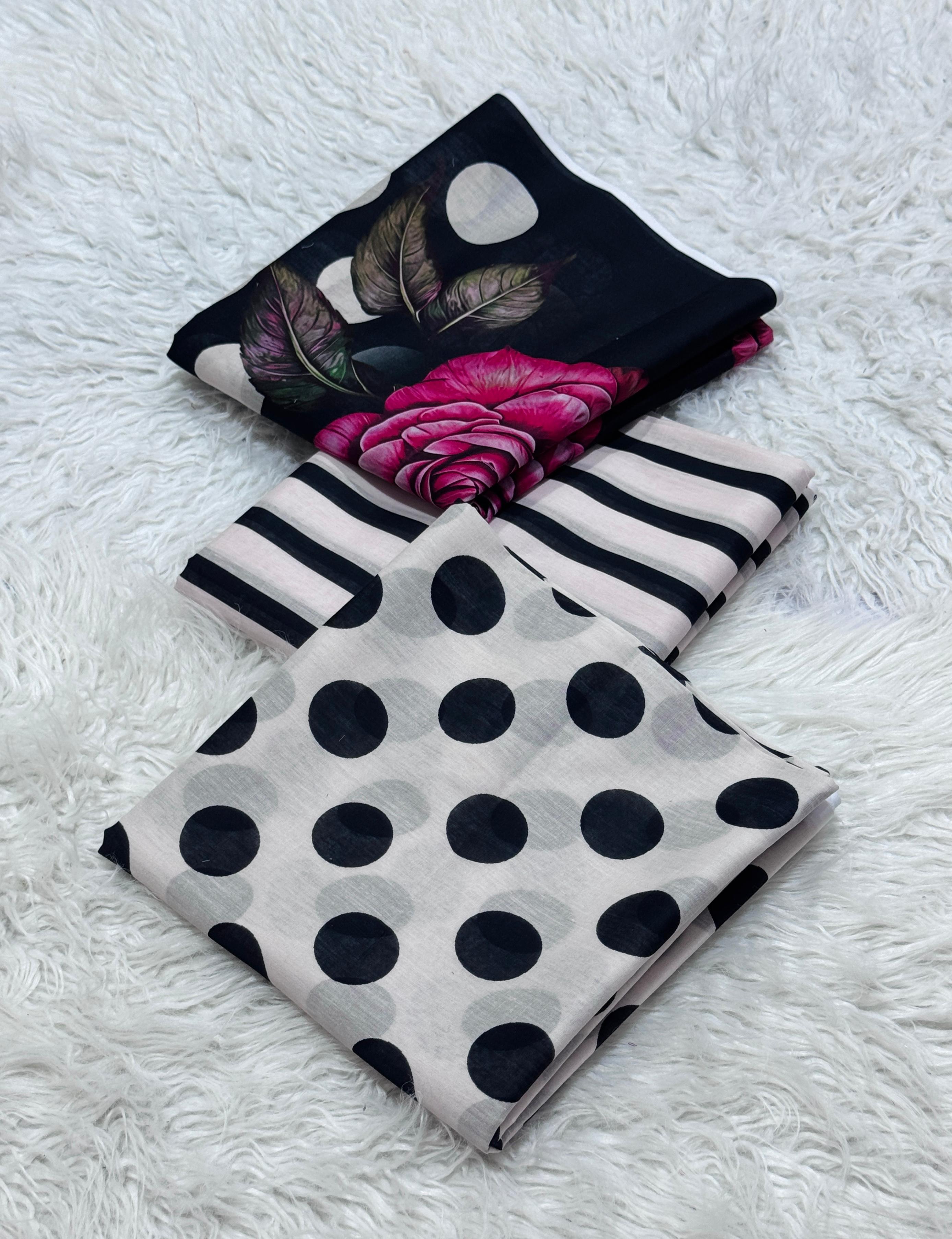 3 piece lawn suit Polka Dots Printed Black
