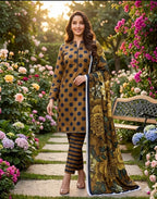 3 piece lawn suit Polka Dots Printed Brown
