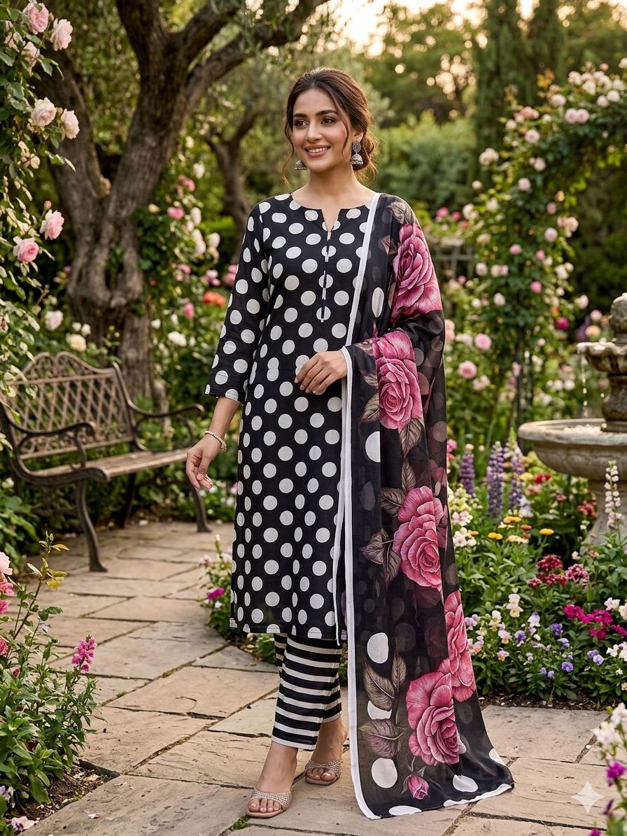 3 piece lawn suit Polka Dots Printed Dark Blue