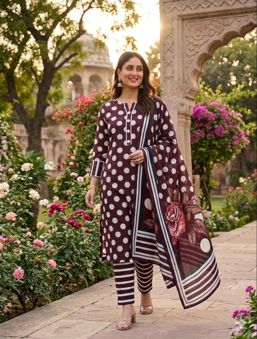 3 piece lawn suit Polka Dots Printed Deep Maroon