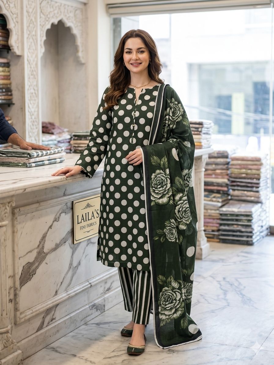 3 piece lawn suit Polka Dots Printed Green