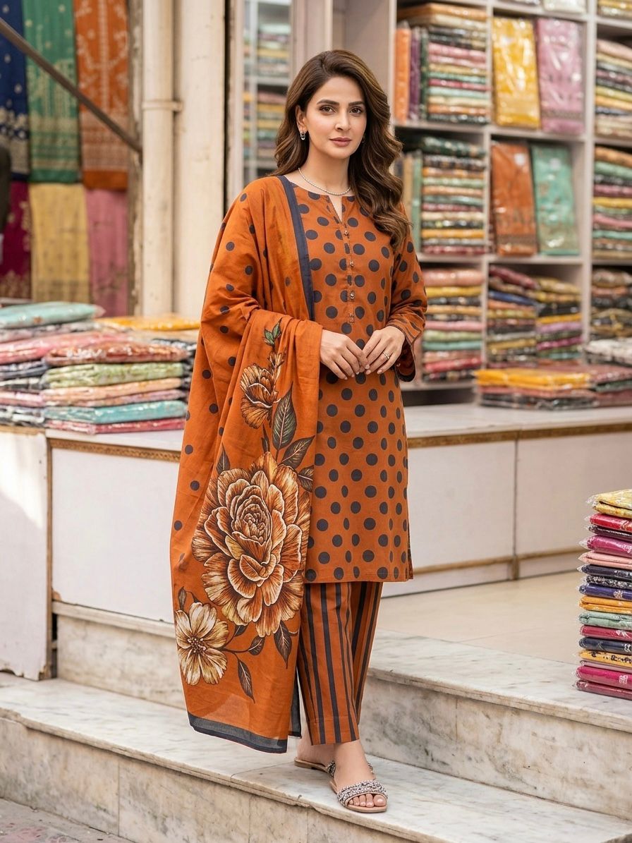 3 piece lawn suit Polka Dots Printed Kara Cha Brown