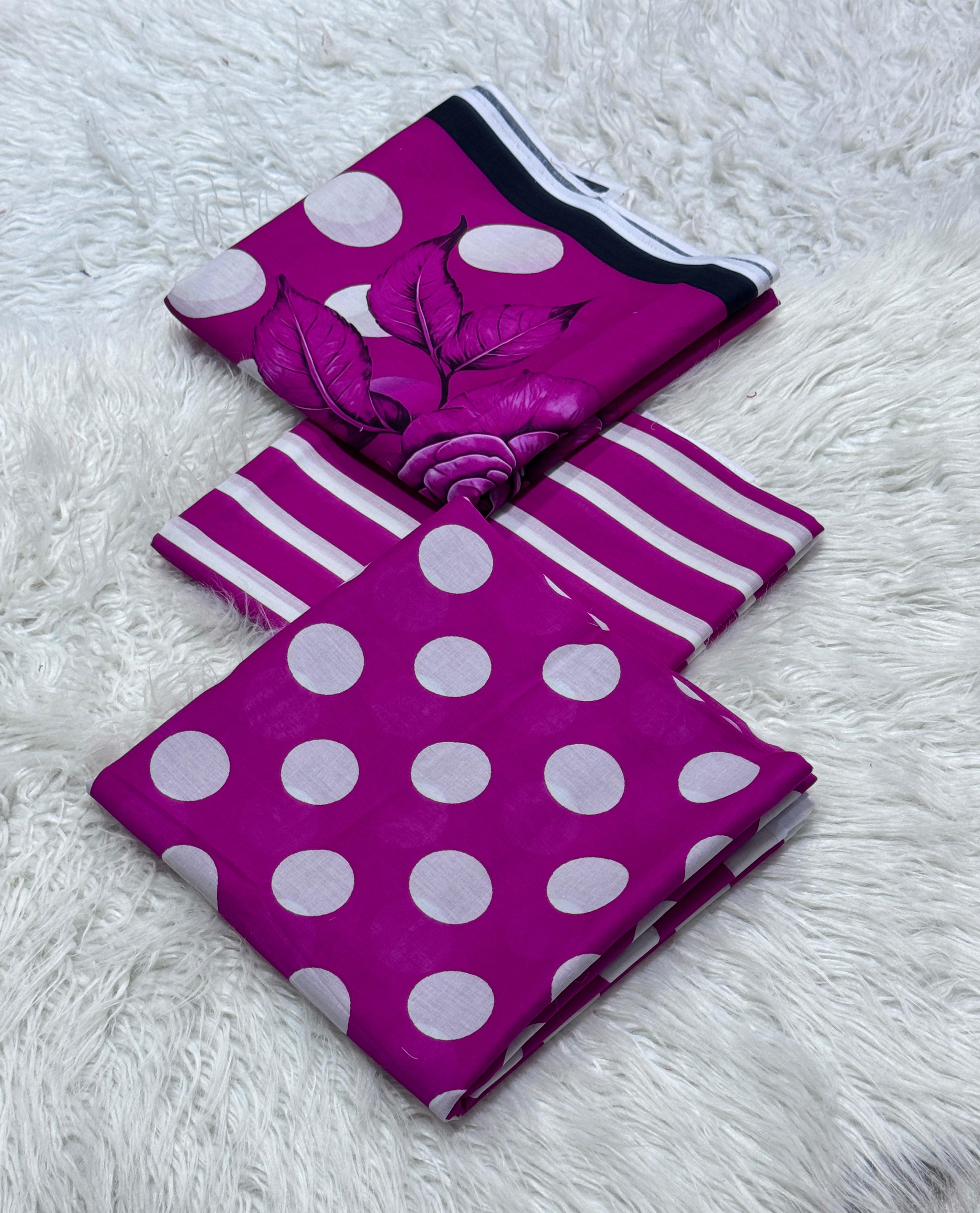 3 piece lawn suit Polka Dots Printed Magenta-Purple