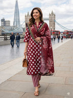 3 piece lawn suit Polka Dots Printed Maroon Oak