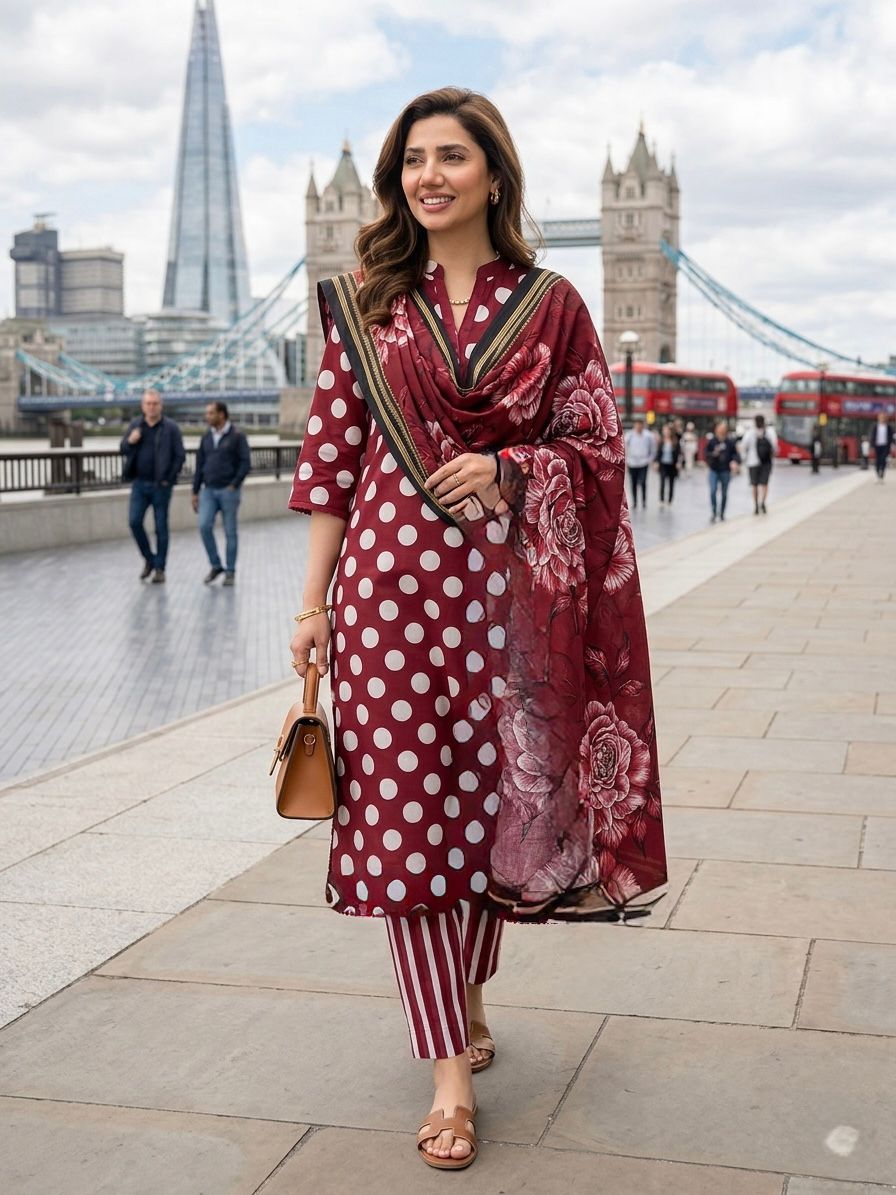 3 piece lawn suit Polka Dots Printed Maroon Oak