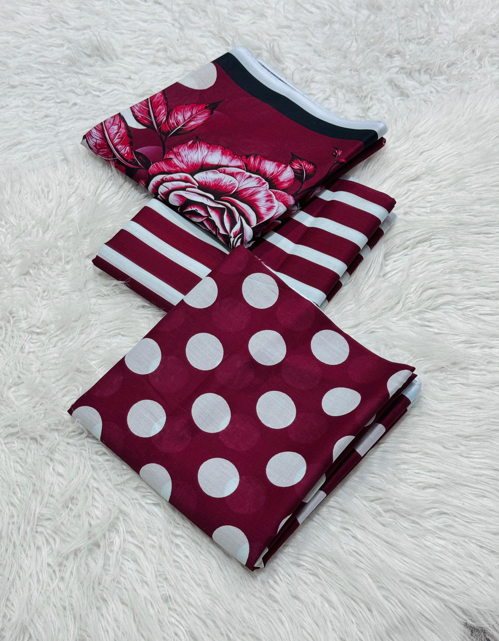 3 piece lawn suit Polka Dots Printed Maroon Oak