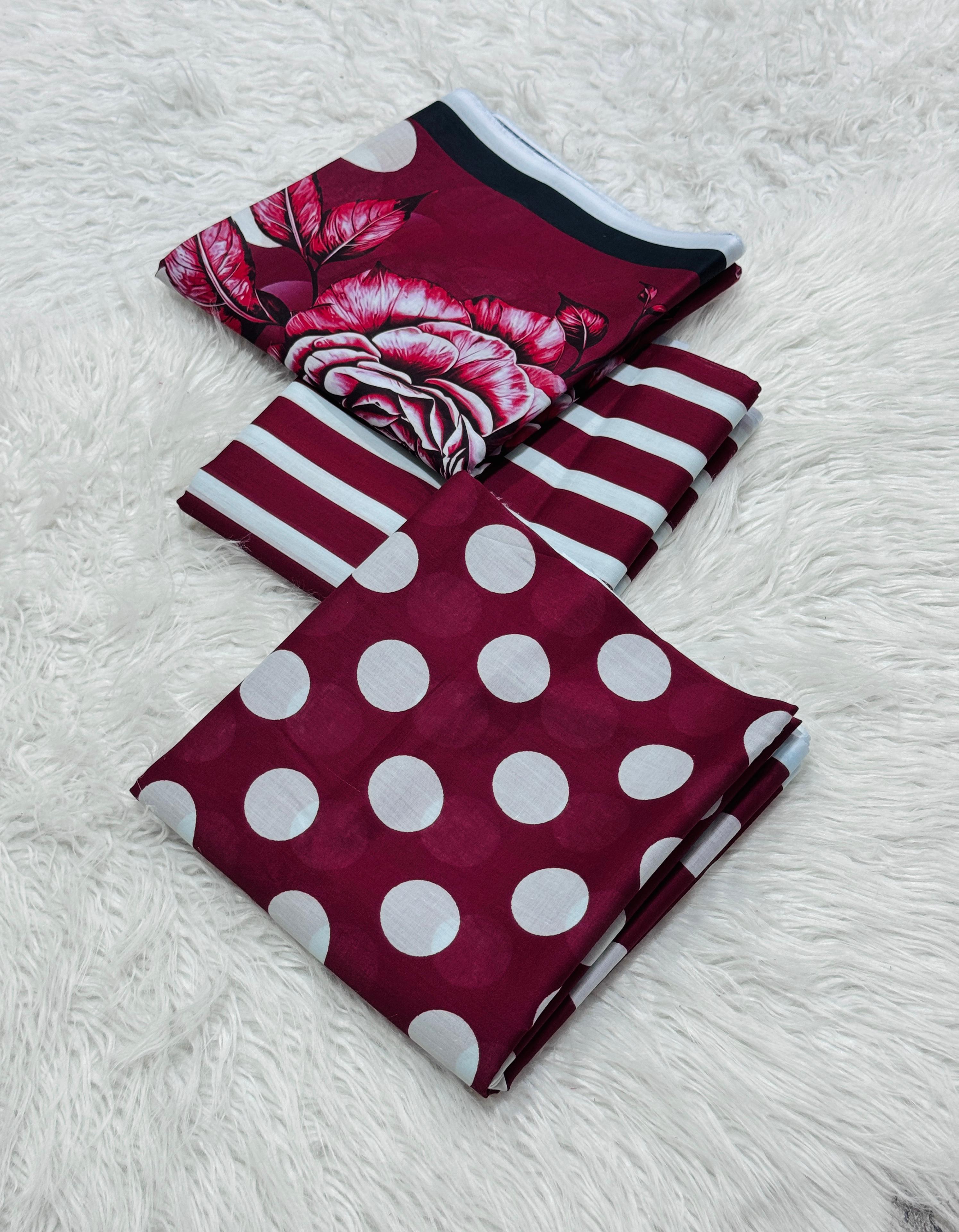 3 piece lawn suit Polka Dots Printed Maroon Oak