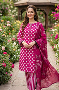 3 piece lawn suit Polka Dots Printed Purplish Red