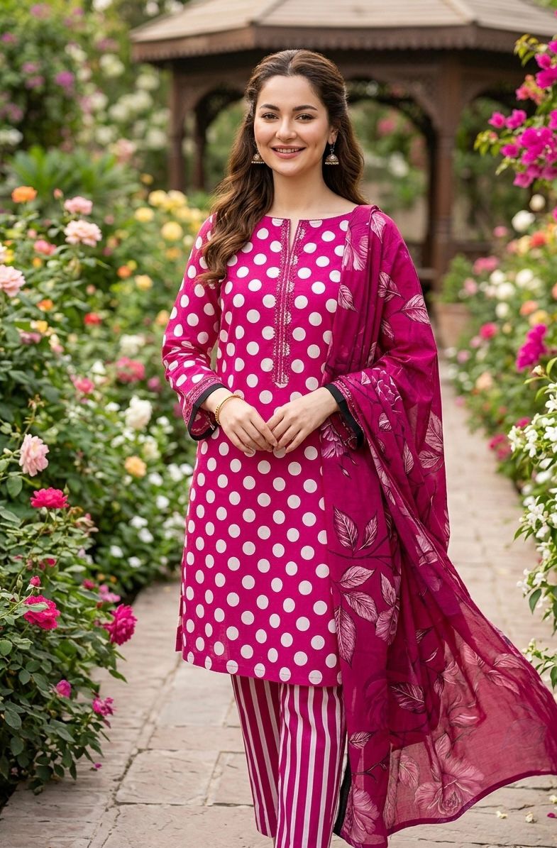3 piece lawn suit Polka Dots Printed Purplish Red